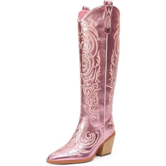 Shoes - Women Metallic Pink Knee High Pointed Toe Block Heel Western Embroidered Boot